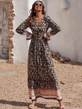Womens Long Maxi Dress XLARGE Boho Beach Blue Yellow Wedding KY Derby Graduation